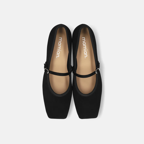 予約：2025AW：スクエアトゥ メリージェーン フラット（m10310）ブラックサテン